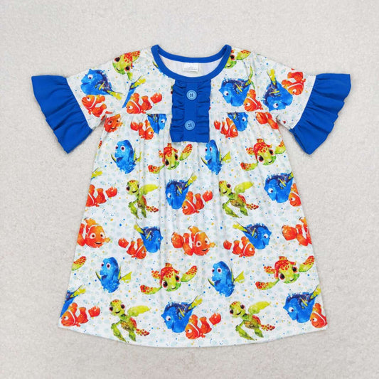 GSD1312 cartoon fish tortoise blue short sleeve girls dress