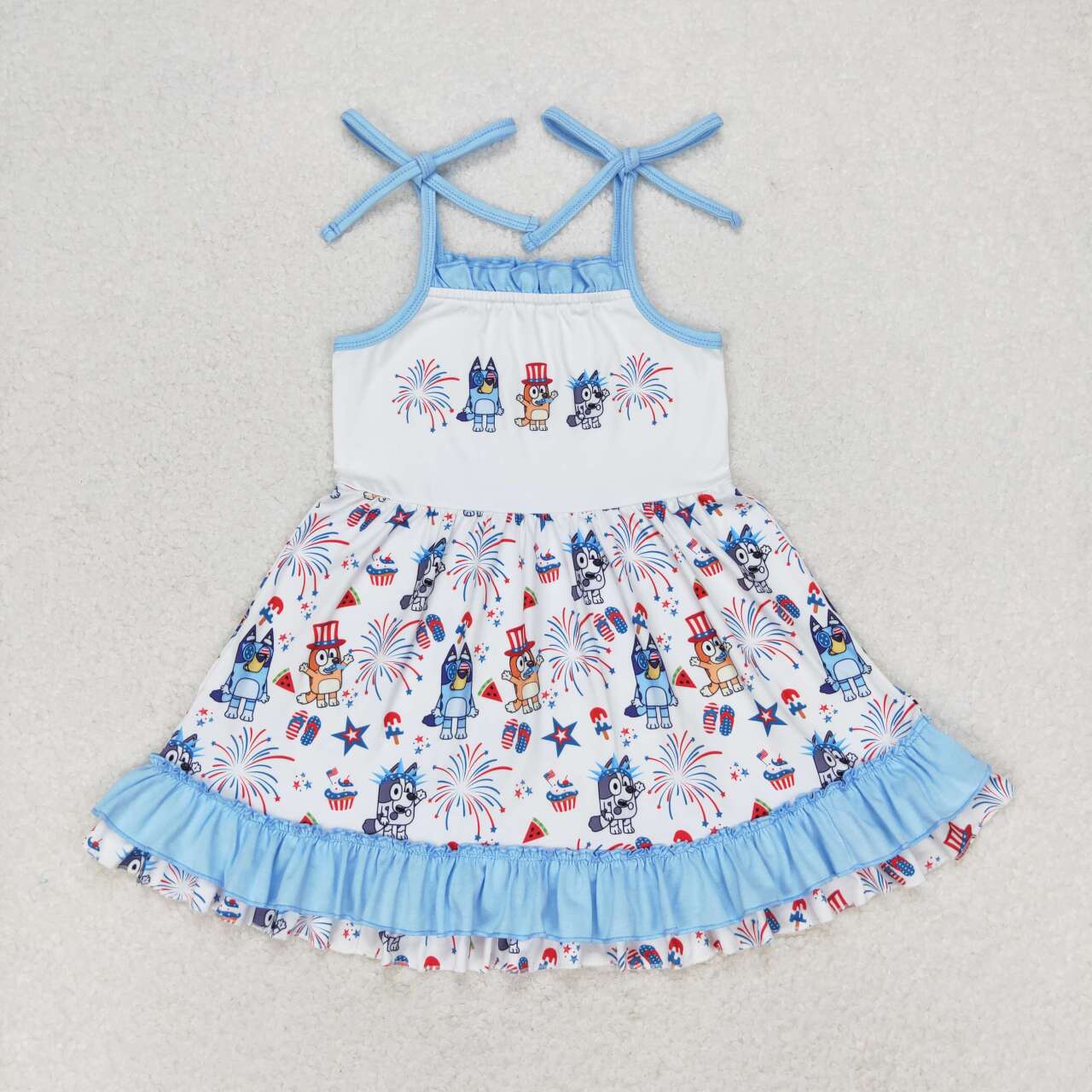 GSD1069 July 4th fireworks cartoon blue dog lace-up girls dress