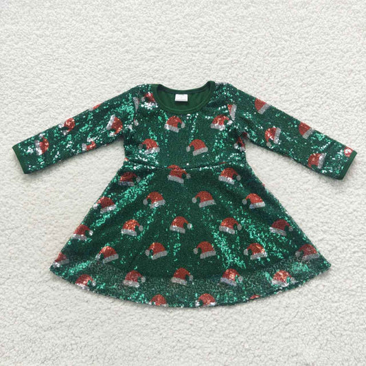 New arrival GLD0272 Christmas Hat Sequin Green Long Sleeve Girls Dress