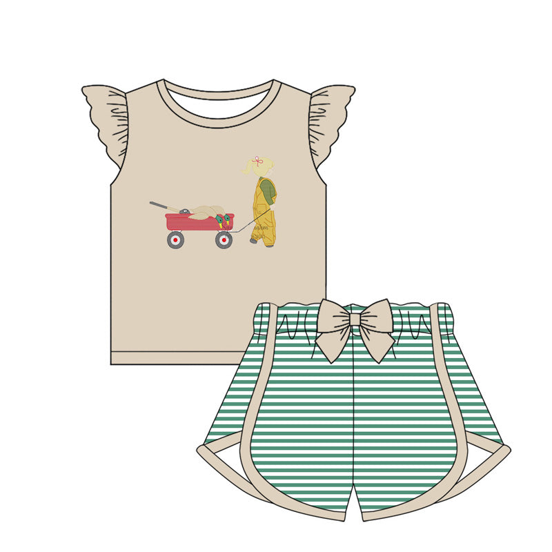 MOQ 3 Custom Hunting Boy Mallard Duck Truck Flutter Sleeve Green Striped Bow Shorts Girls Set