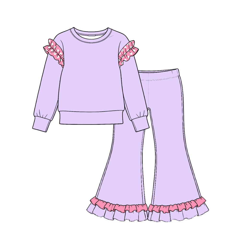 preorder GLP4042 Cotton Ruffles Purple Long Sleeve Purple Pants Girls Set