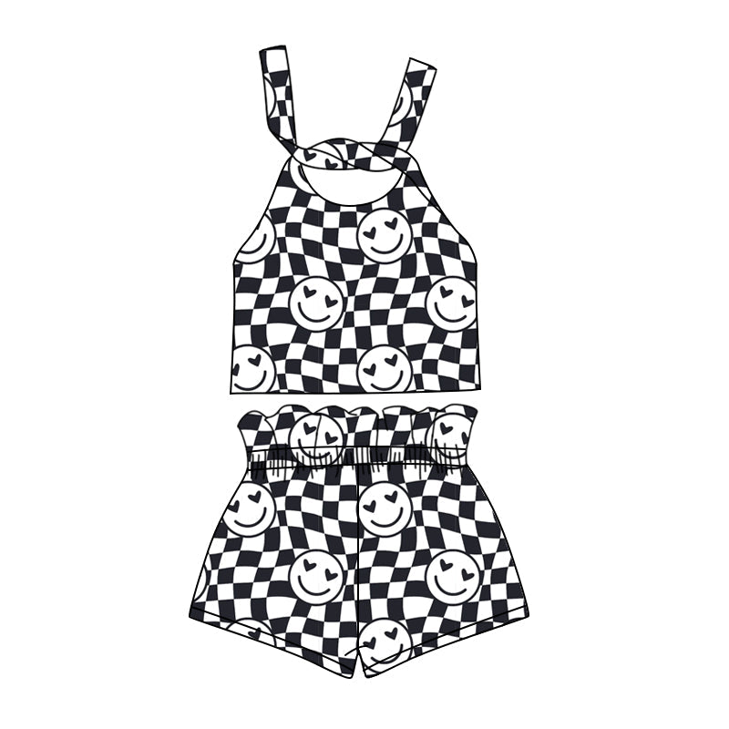 custom (moq 5)Baby Girls Black Checkered Smile Straps Top Shorts Clothes Sets
