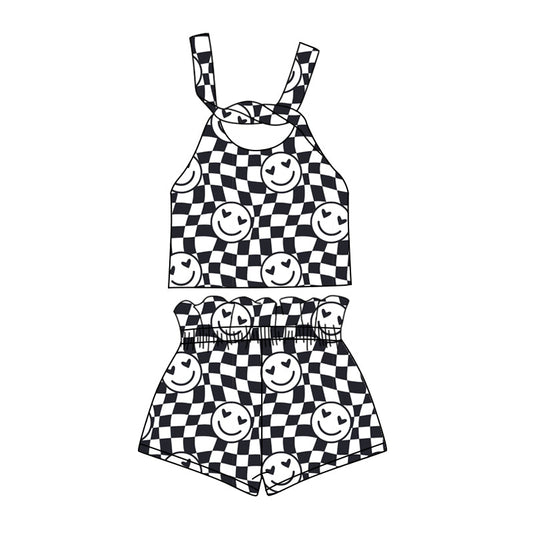 custom (moq 5)Baby Girls Black Checkered Smile Straps Top Shorts Clothes Sets