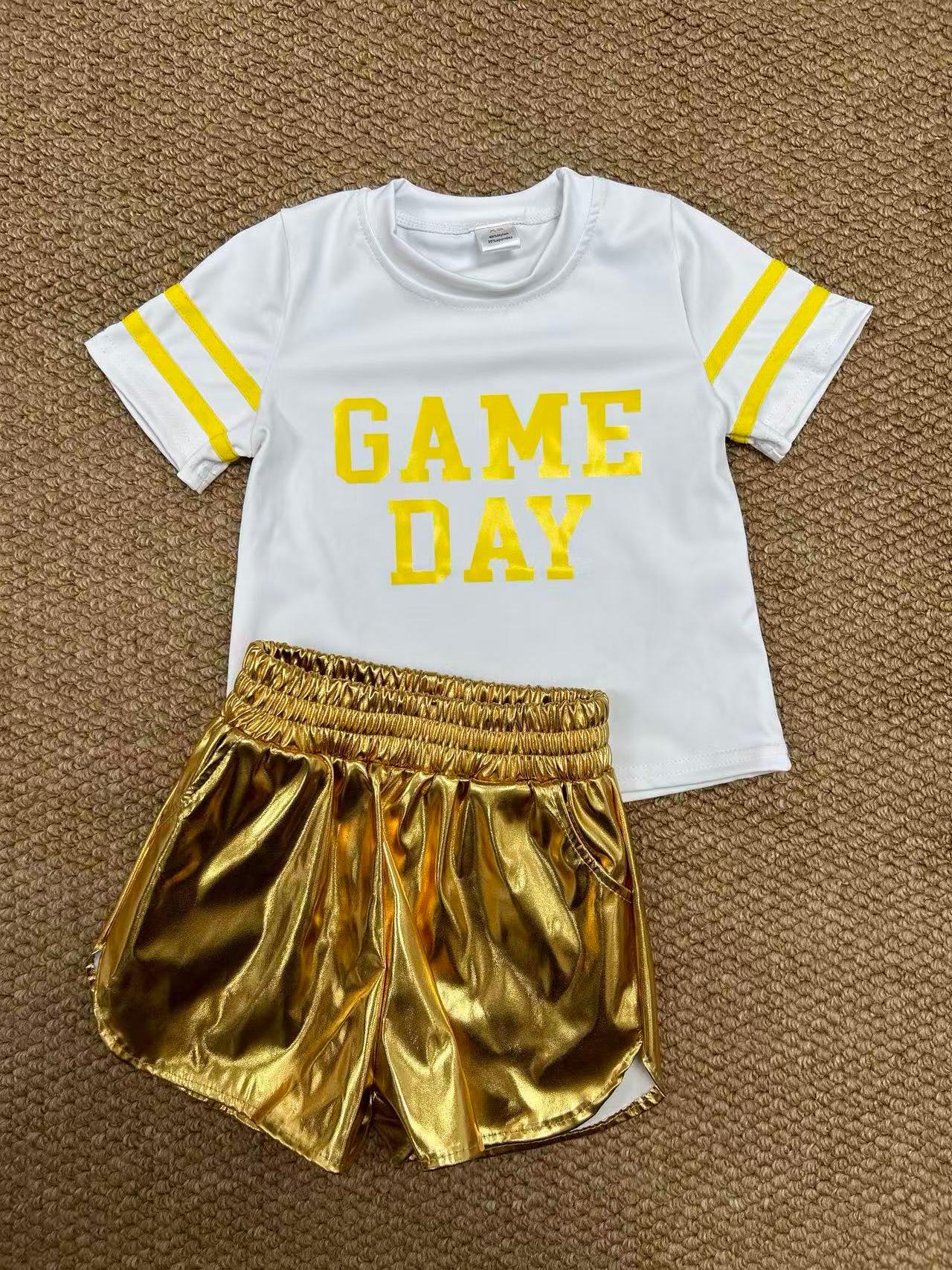 yoga screen print game day yellow short sleeve golden leather shorts girls set