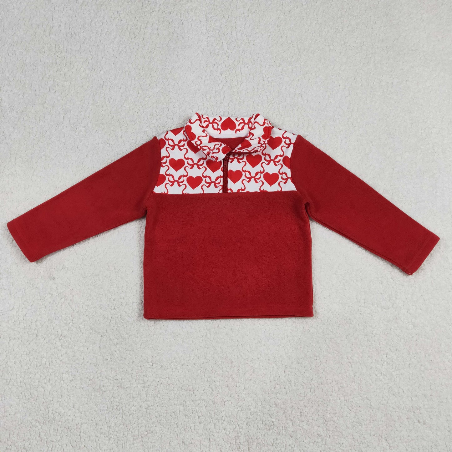 GT1505 Sherpa Valentine's Day Heart Bows Red Zipper Long Sleeve Girls Top