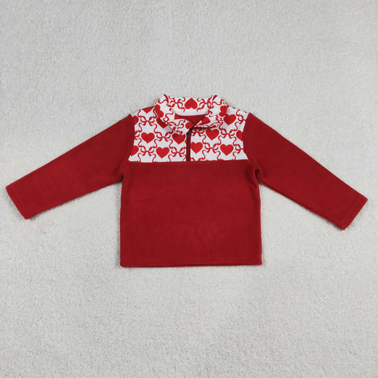 GT1505 Sherpa Valentine's Day Heart Bows Red Zipper Long Sleeve Girls Top
