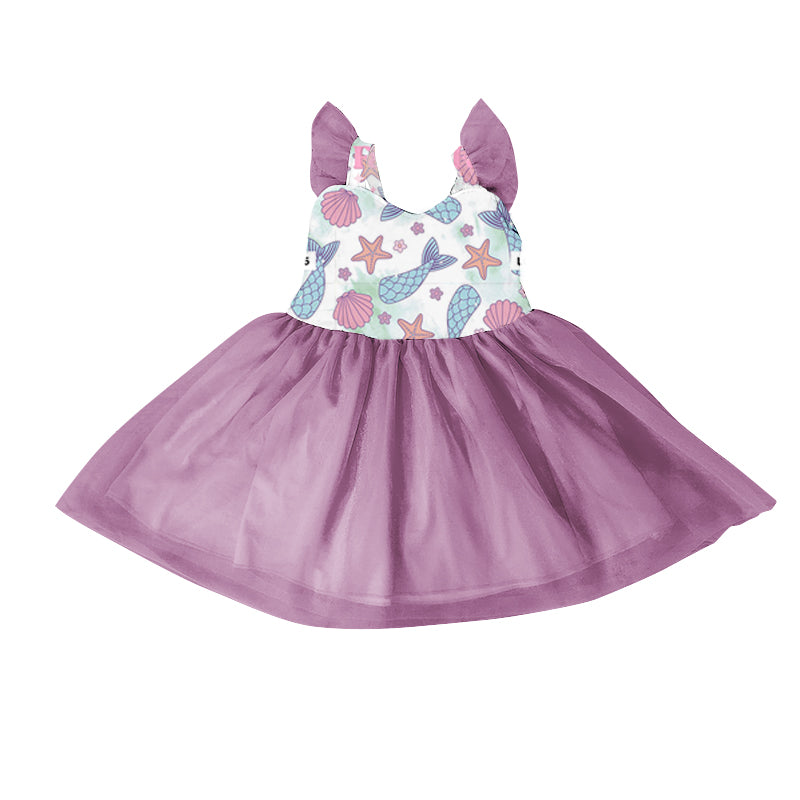 Custom Moq 3 Cartoon Mermaid Shell Dark Purple Flutter Sleeve Tutu Grils Dress