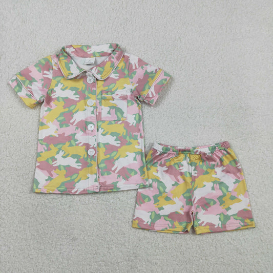 GSSO2972 Easter Bunny Rabbit Camo Short Sleeve Shorts Girls Pajamas