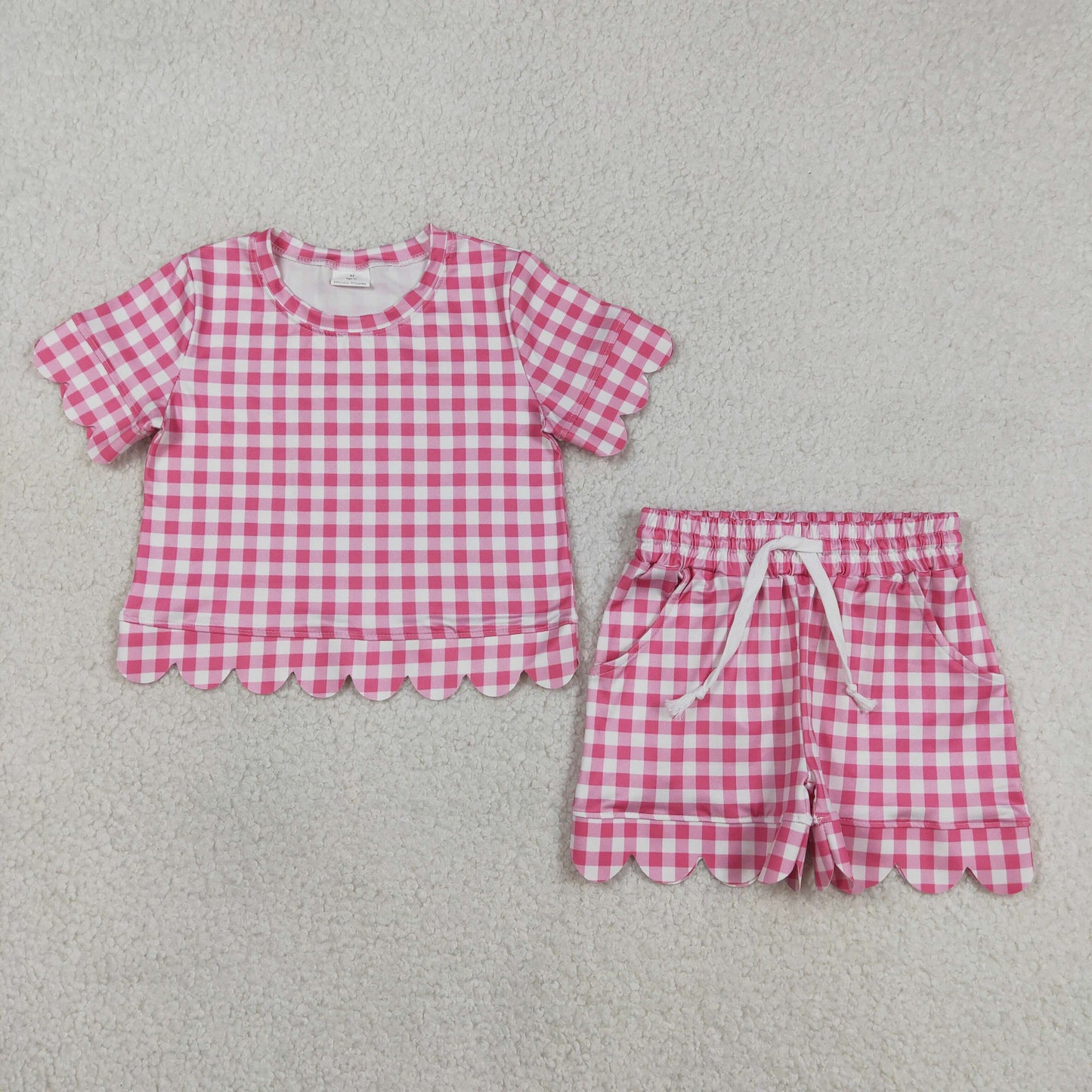 GSSO3186 Scallop Hot Pink Checkered Short Sleeve Shorts Girls Set