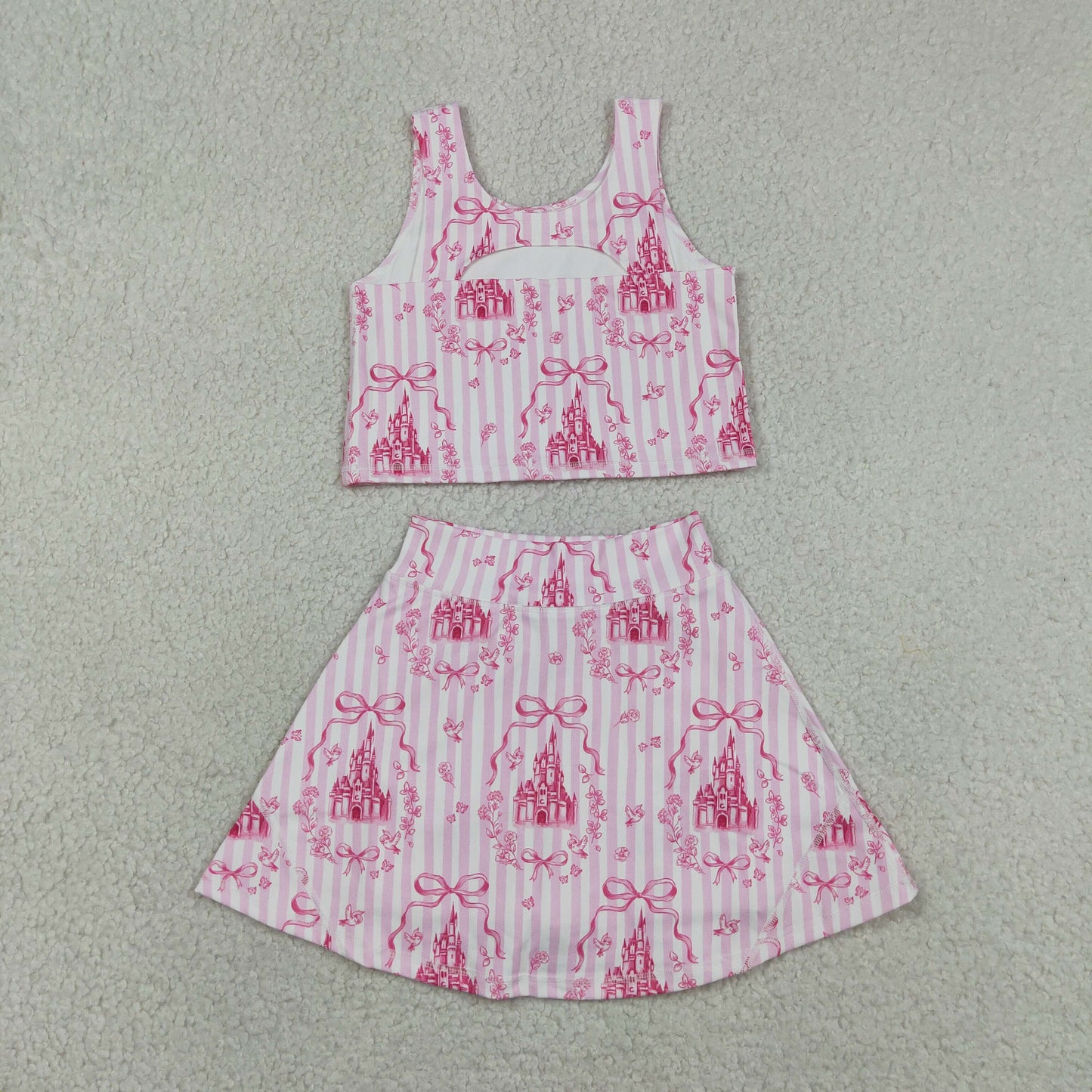 GSD3814 Yoga Pink Castle Bows Sleeveless Skorts Girls Set