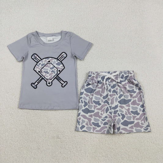 BSSO1589 hunting baseball camo short sleeve camo shorts boys set