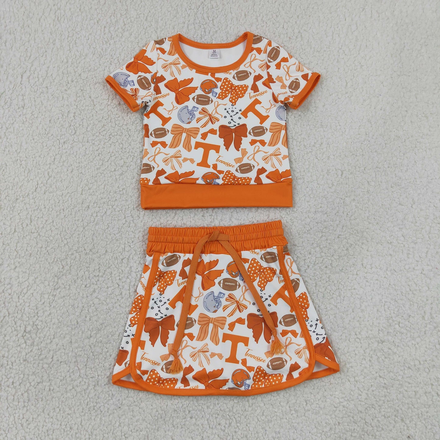 GSD4181 Yoga Team Orange Bows Short Sleeve Skorts Girls Set