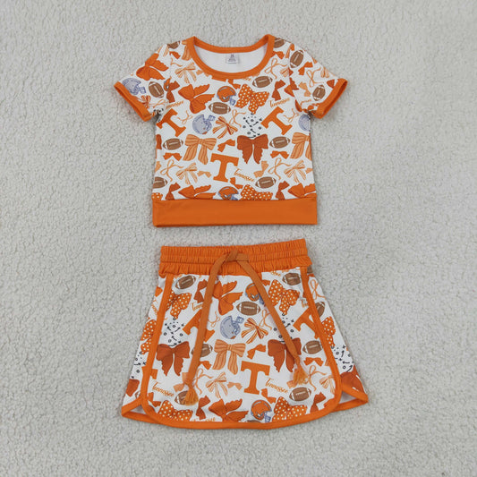 GSD4181 Yoga Team Orange Bows Short Sleeve Skorts Girls Set