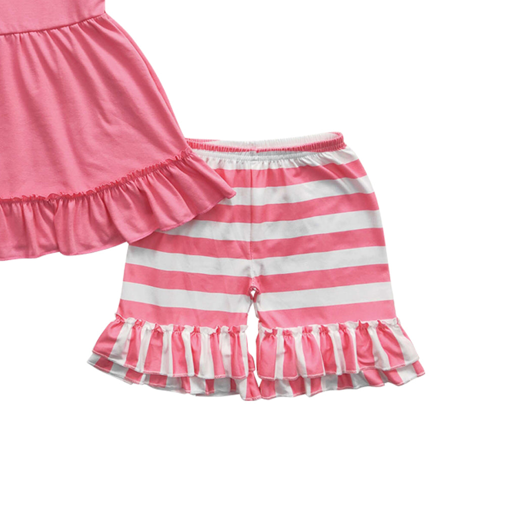 C10-16 Pink Sleeveless Dress Top Match Striped Print Shorts Girls Set