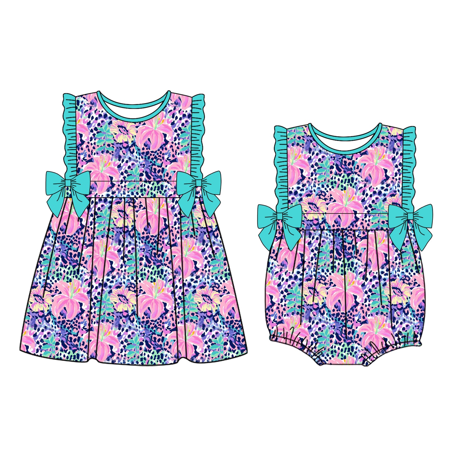 custom moq 5 Hot Pink Flowers Leopard Dress/Romper Sibling Clothes