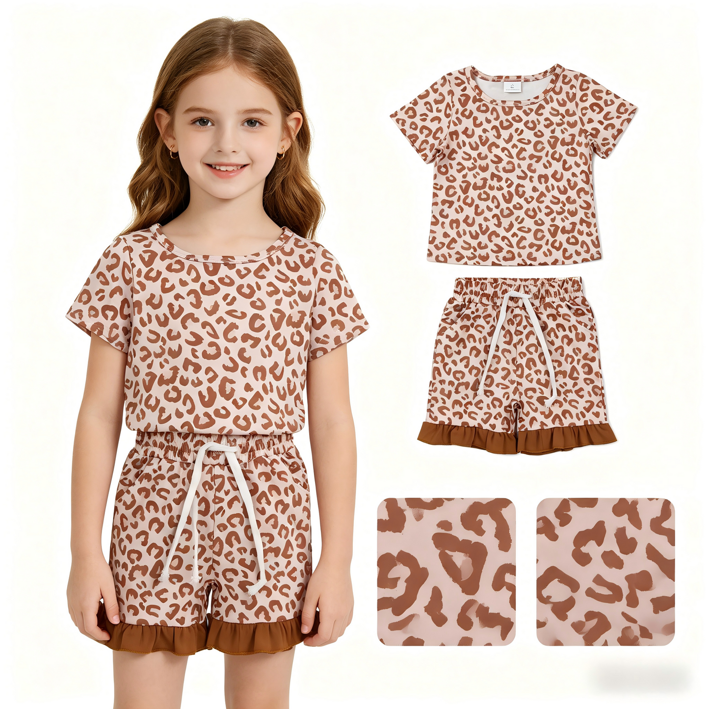 GSSO3292 Leopard Short Sleeve Shorts Girls Set