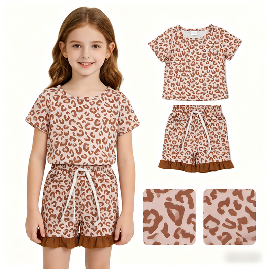 GSSO3292 Leopard Short Sleeve Shorts Girls Set