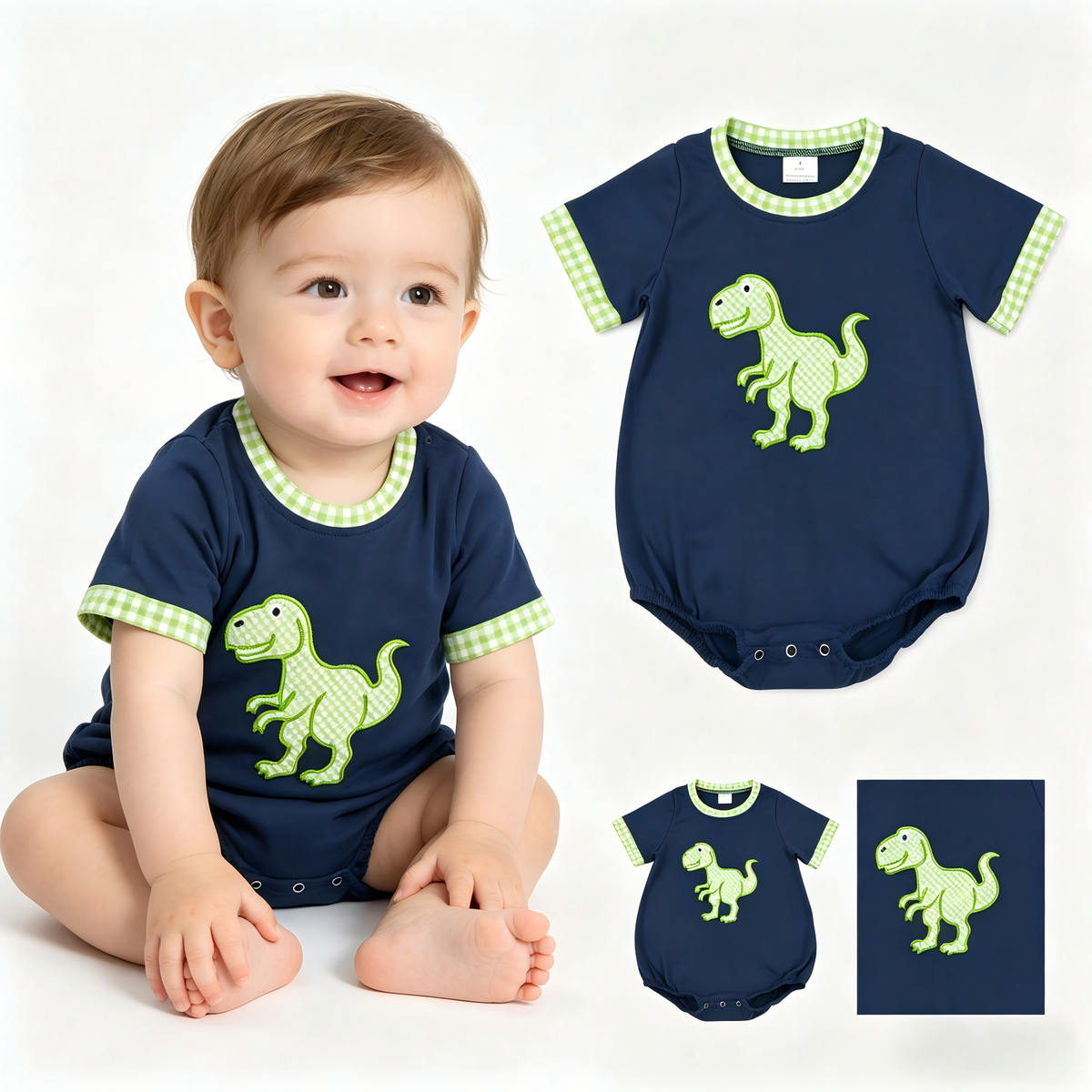 Embroidery SR4113 Dinosaur Navy Blue Short Sleeve Boys Romper