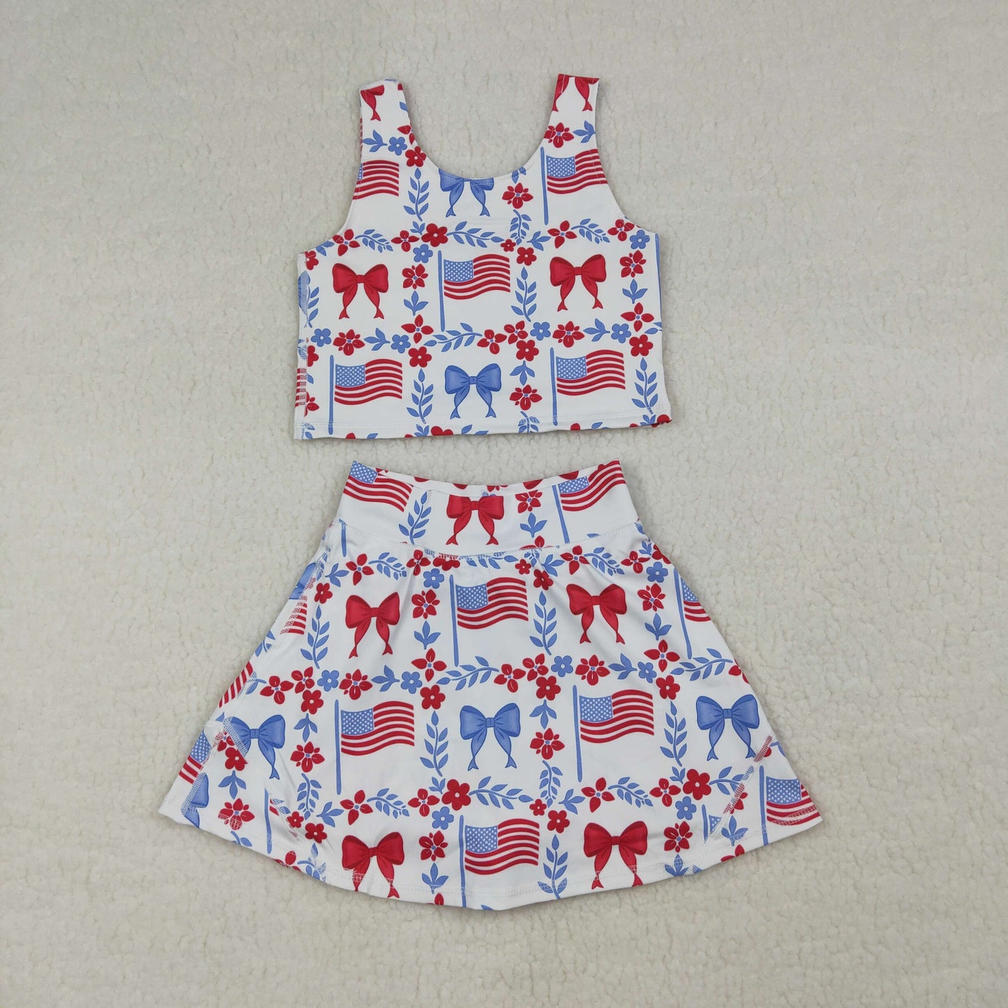 GSD3499 Yoga July 4th Flag Bows Flowers Sleeveless Skorts Girls Set