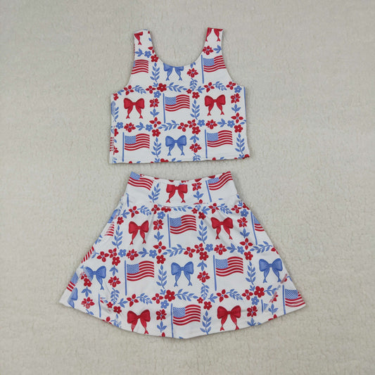 GSD3499 Yoga July 4th Flag Bows Flowers Sleeveless Skorts Girls Set