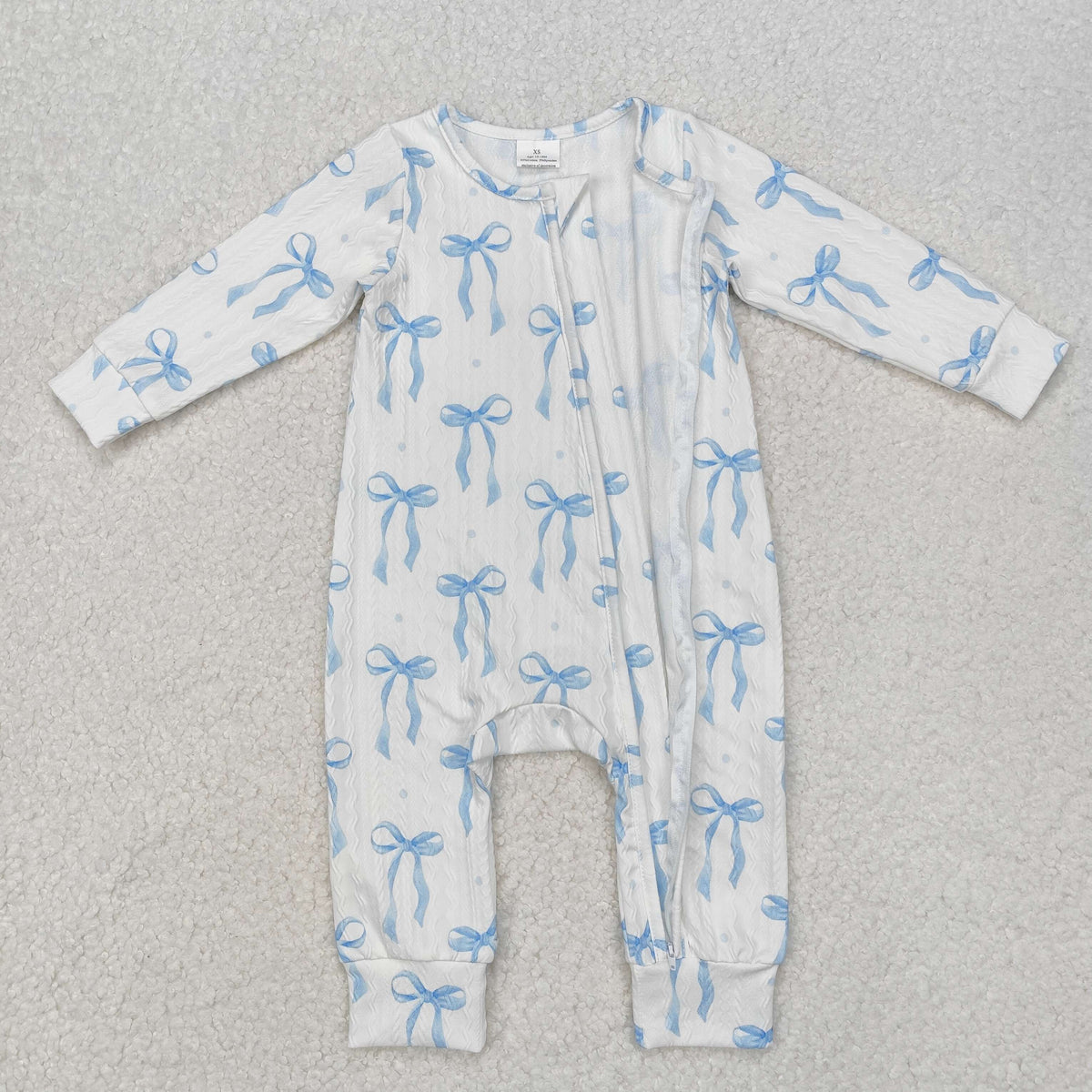 LR2070 cable knit fabric blue cute bows long sleeve zipper girls romper