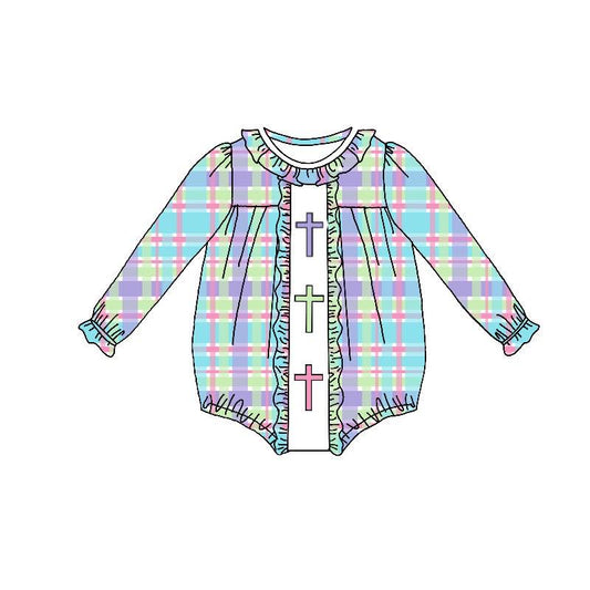 Custom Easter Cross Colorful Checkered Long Sleeve Girls Romper