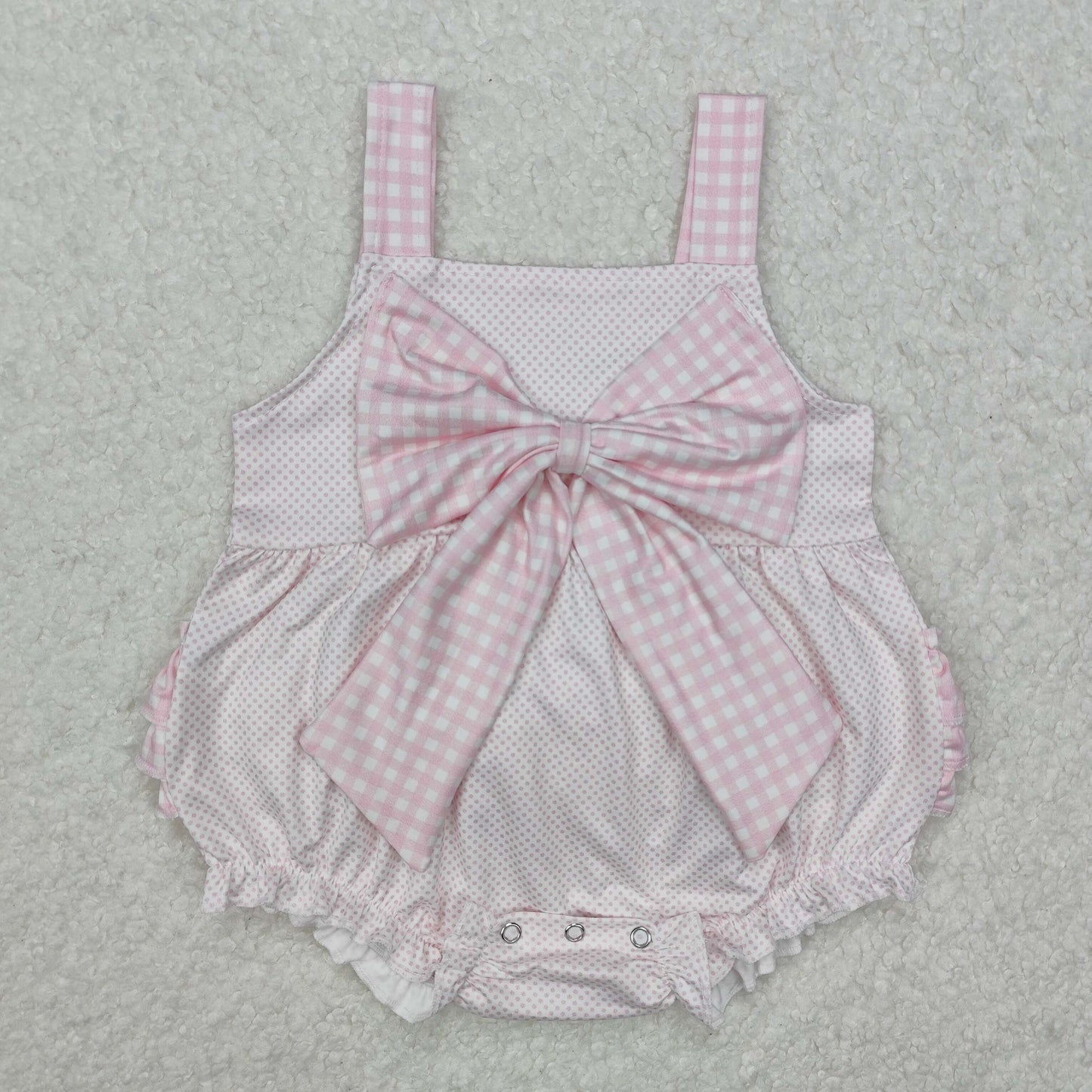SR2280 pink checkered bows ruffles girls romper