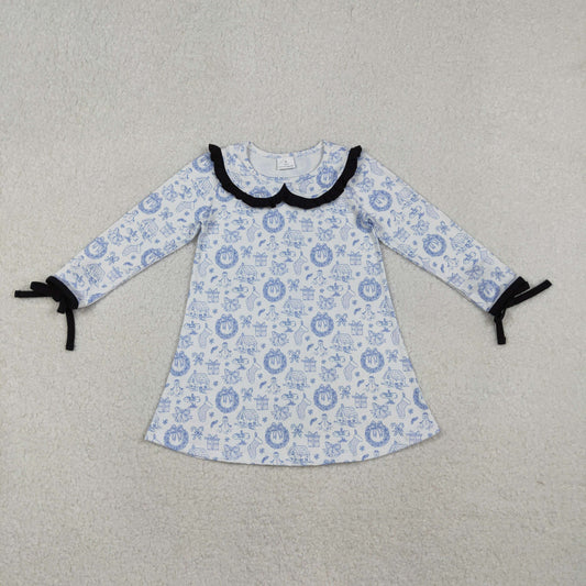 GLD1346 Christmas snowman cane candy blue long sleeve girls dress