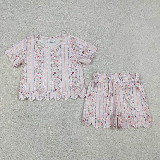 GSSO3411 Pink Flowers Short Sleeve Shorts Girls Set