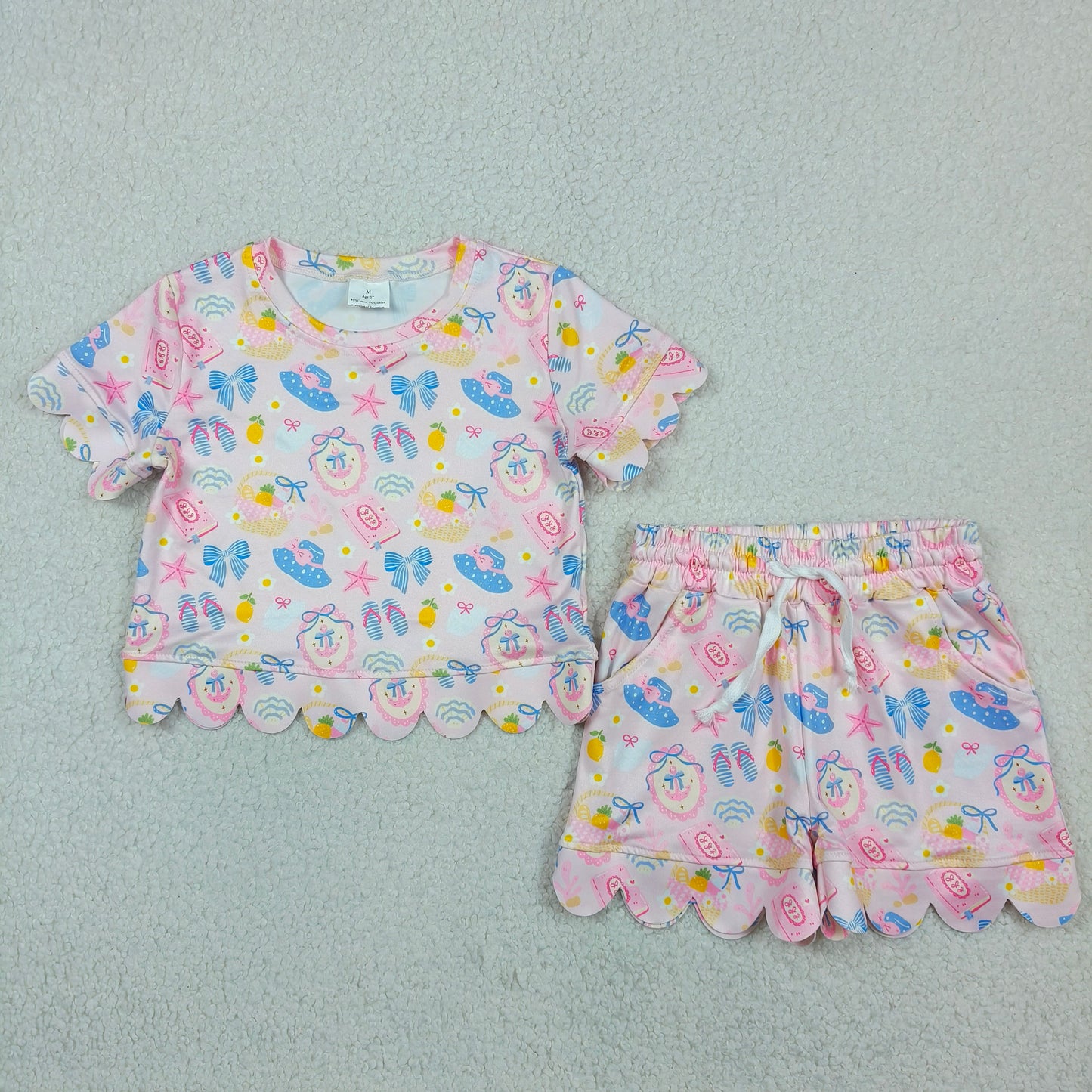 GSSO3657 Scallop Holiday Bows Pink Short Sleeve Shorts Girls Set