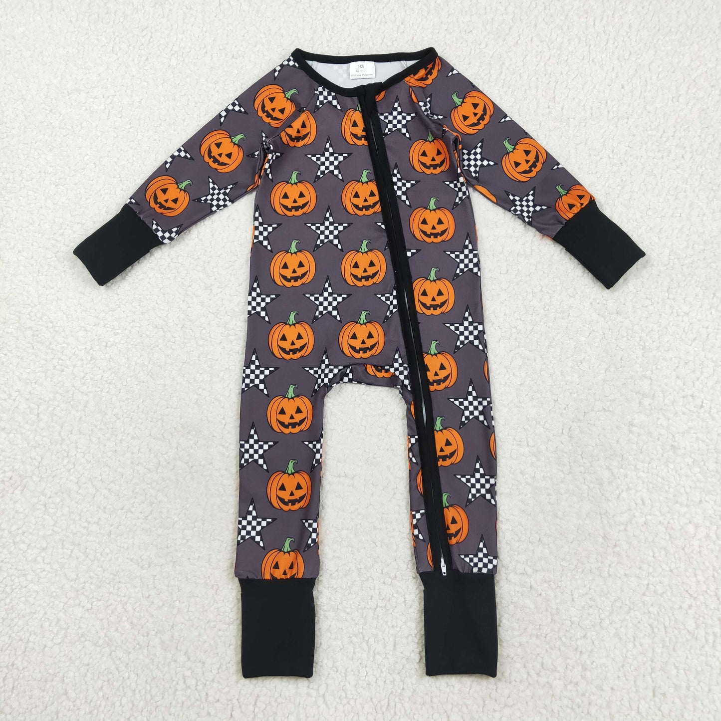 Custom moq 20 bamboo Halloween smile pumpkin star black zipper long sleeve boys romper