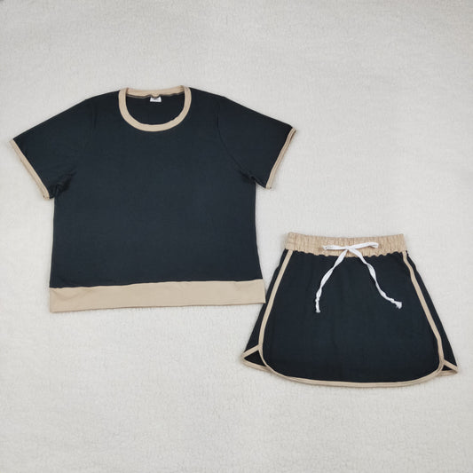 GSD3954 Cotton Black Short Sleeve Skorts Adult Women Set