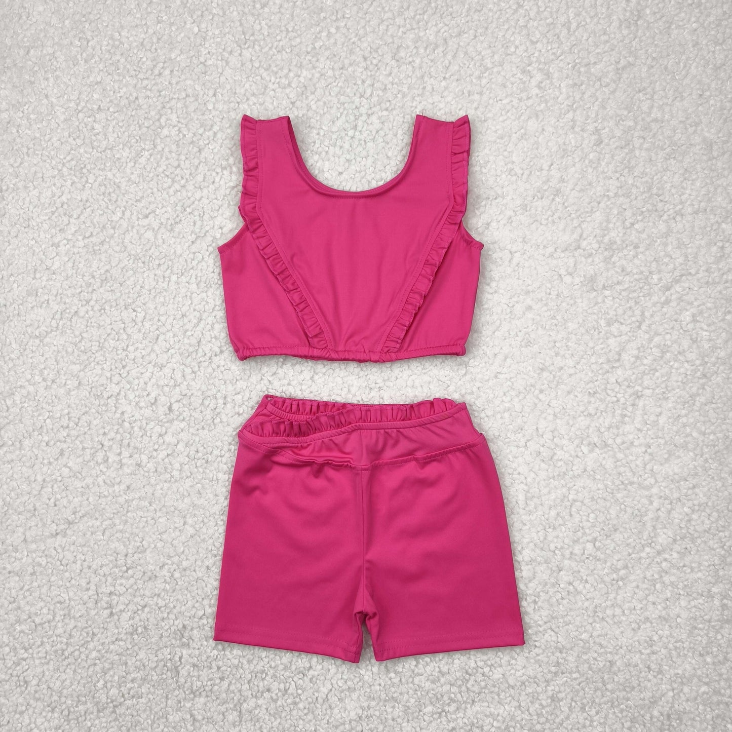 GSSO2284 yoga hot pink ruffles sleeveelss shorts girls set