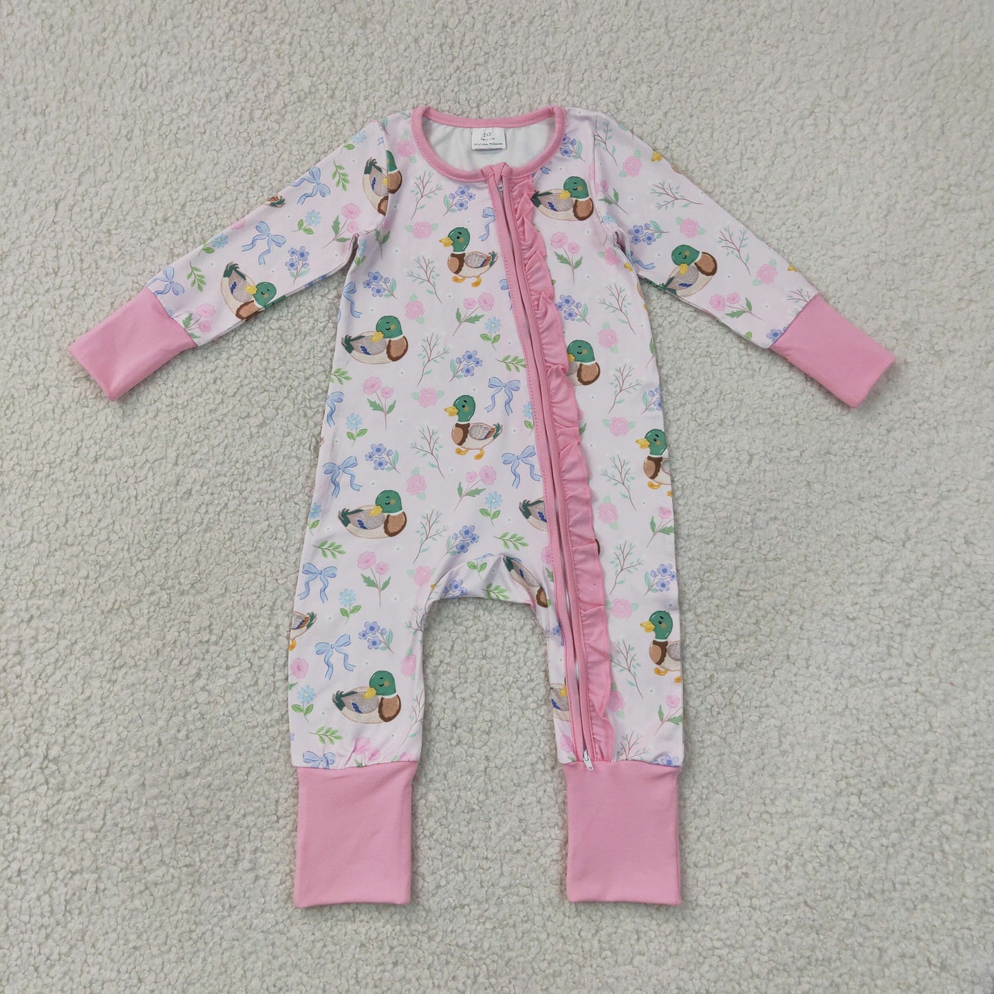 LR3071 Hunting Mallard Duck Bows Pink Zipper Long Sleeve Girls Romper