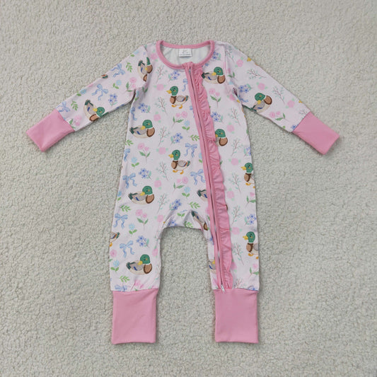 LR3071 Hunting Mallard Duck Bows Pink Zipper Long Sleeve Girls Romper