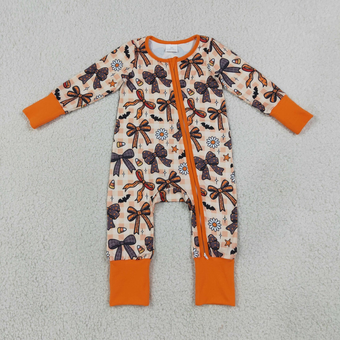 LR3161 Halloween Bows Orange Zipper Long Sleeve Girls Romper