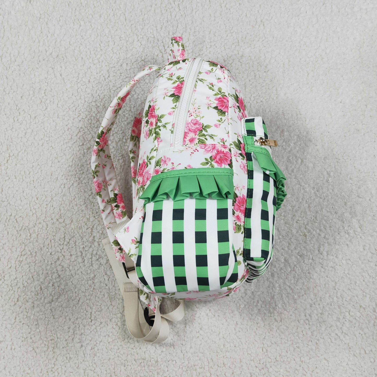 BA0218 pink flowers green checkered kids bag