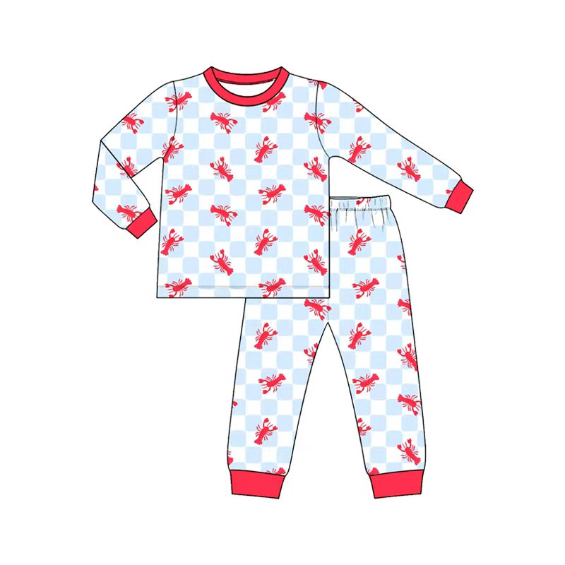 preorder BLP1625 Crayfish Blue Checkered Long Sleeve Pants Boys Pajamas
