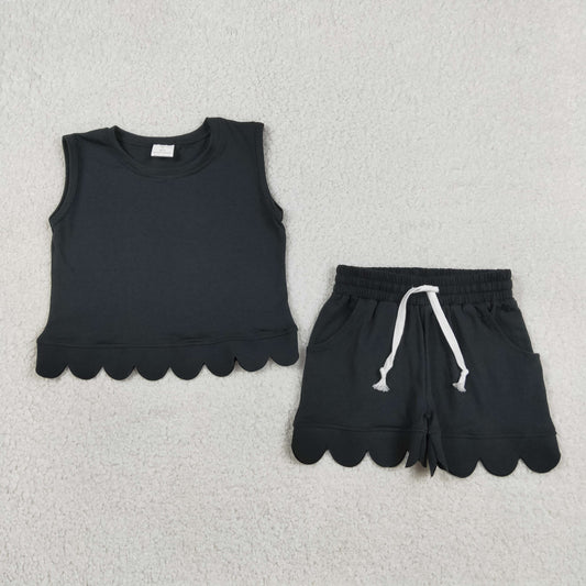 GSSO3733 Scallop Black Sleeveless Shorts Girls Set