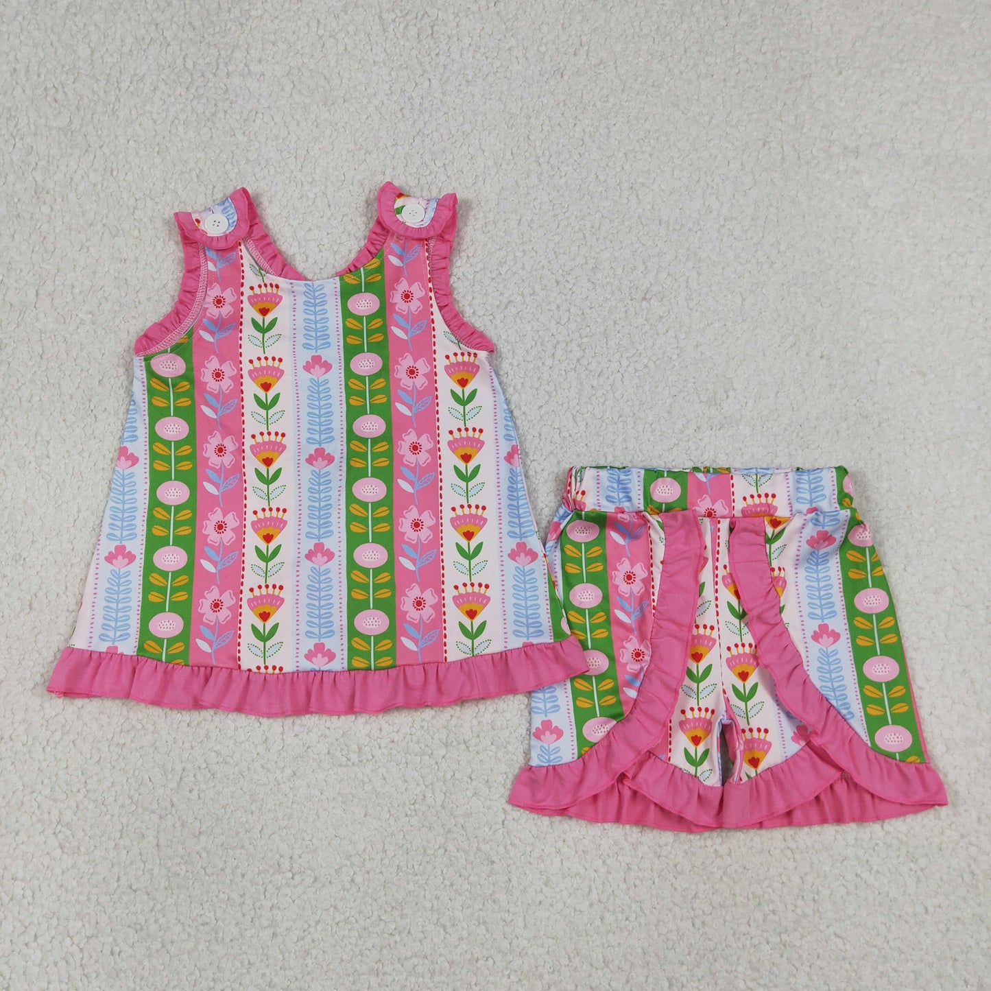 GSSO3676 Colorful Flowers Pink Sleeveless Shorts Girls Set