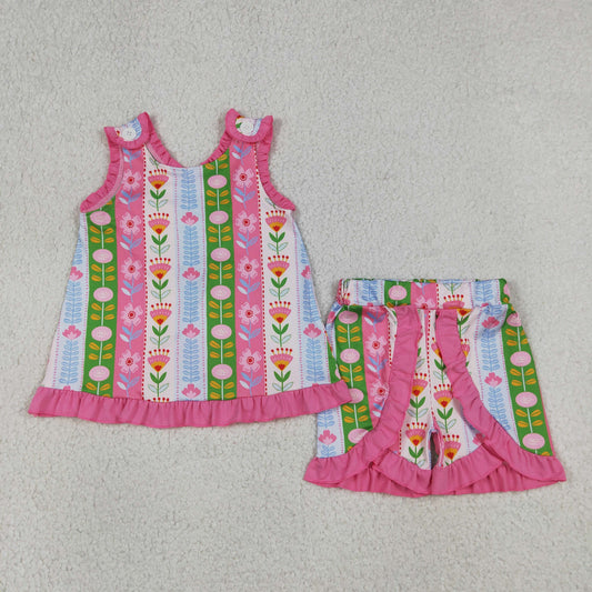 GSSO3676 Colorful Flowers Pink Sleeveless Shorts Girls Set