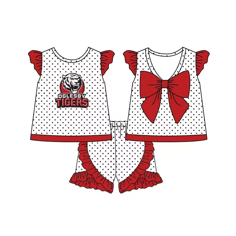 custom style football TIGERS red dot flutter sleeve shorts girls set