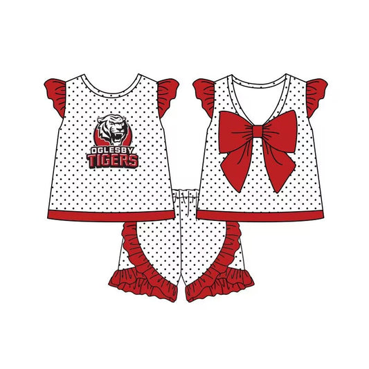 custom style football TIGERS red dot flutter sleeve shorts girls set