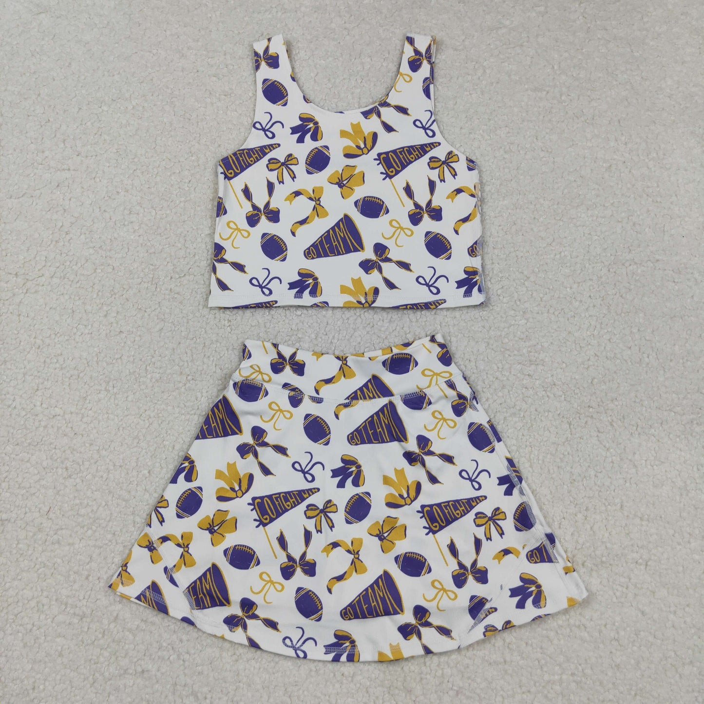 GSD2690 yoga football team cheer bows purple sleeveless skirt skorts girls set
