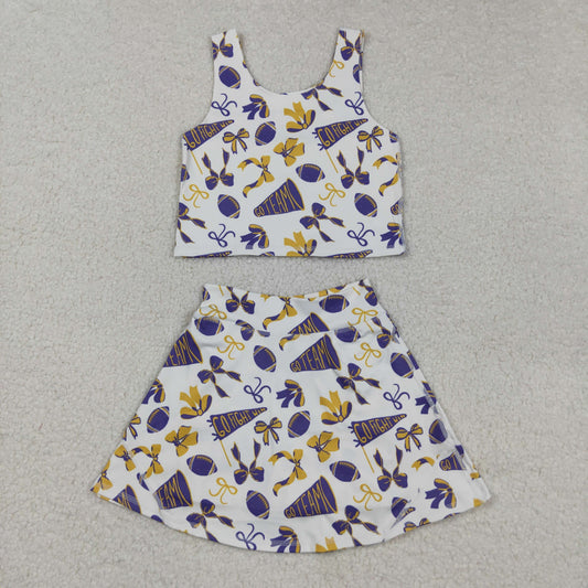 GSD2690 yoga football team cheer bows purple sleeveless skirt skorts girls set