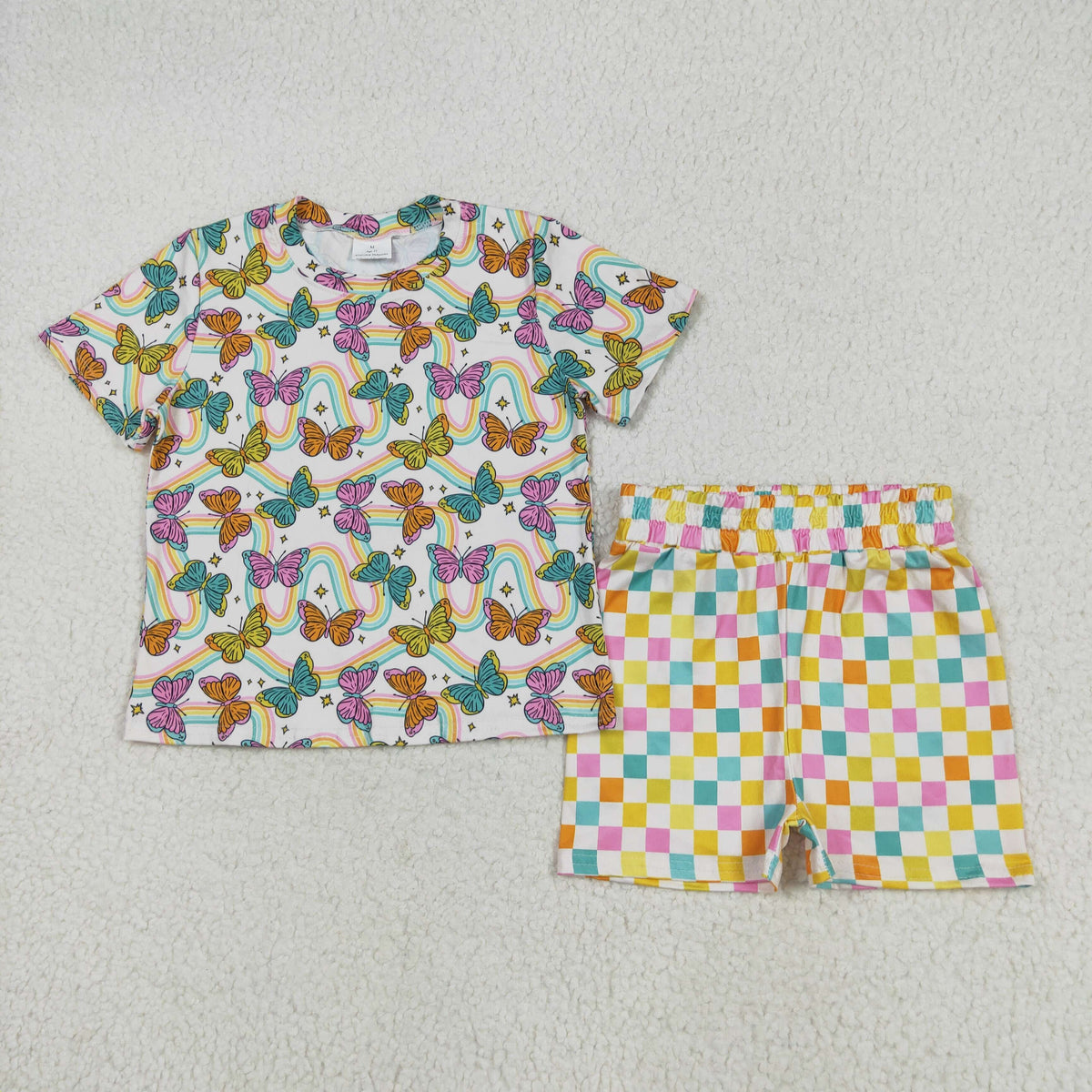 GSSO2615 colorful butterfly rainbow short sleeve checkered shorts girls set