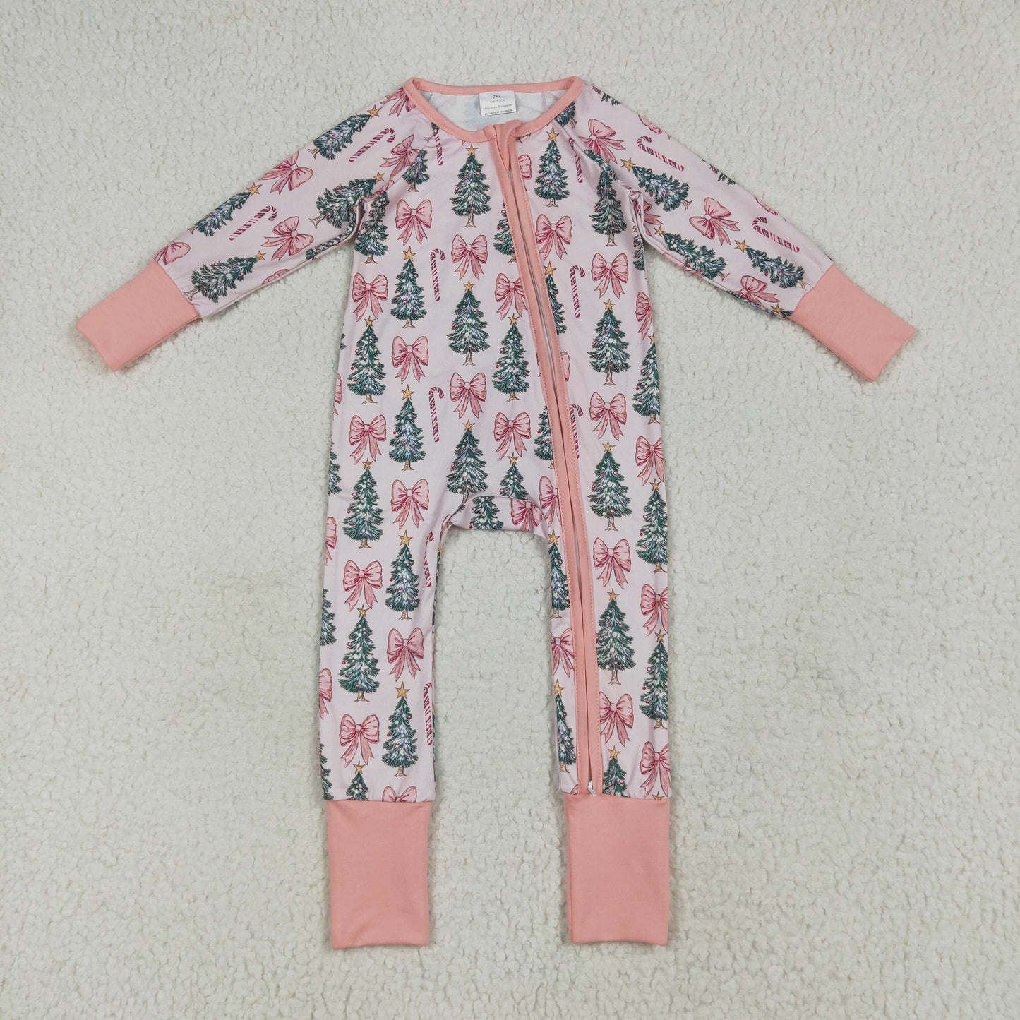 Custom moq 20 bamboo Christmas tree pink bows zipper long sleeve girls romper