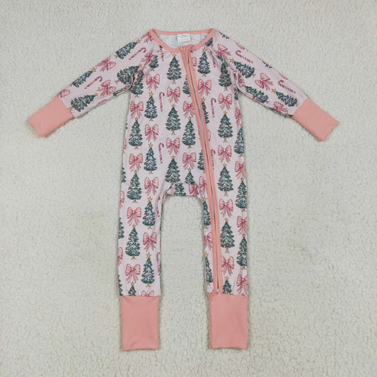 Custom moq 20 bamboo Christmas tree pink bows zipper long sleeve girls romper