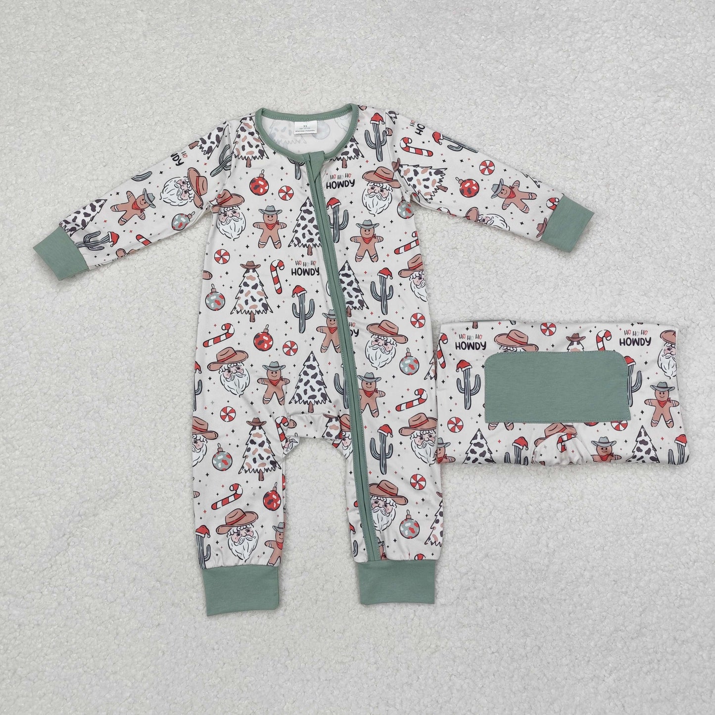 LR1674 Christmas Western Santa gingerbread man long sleeve zipper boys romper