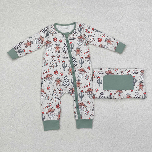 LR1674 Christmas Western Santa gingerbread man long sleeve zipper boys romper